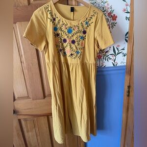 Mustard Yellow Embroidered Short-Sleeve Dress